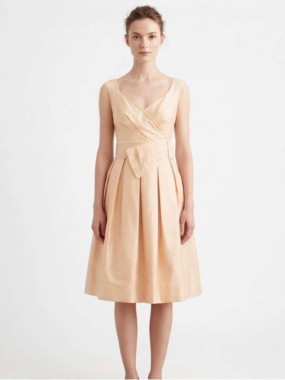 Sportmax 100% Silk Champagne Pleated Fit Flare Cocktail Dress US 6 IT 40
